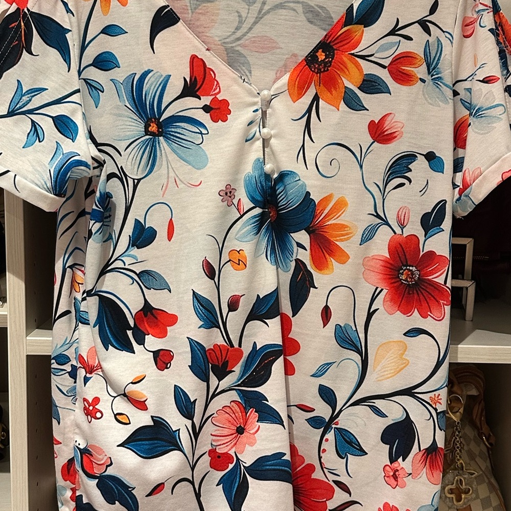 Floral V-Neck Buttoned Women's Top with peek a boo sleeve